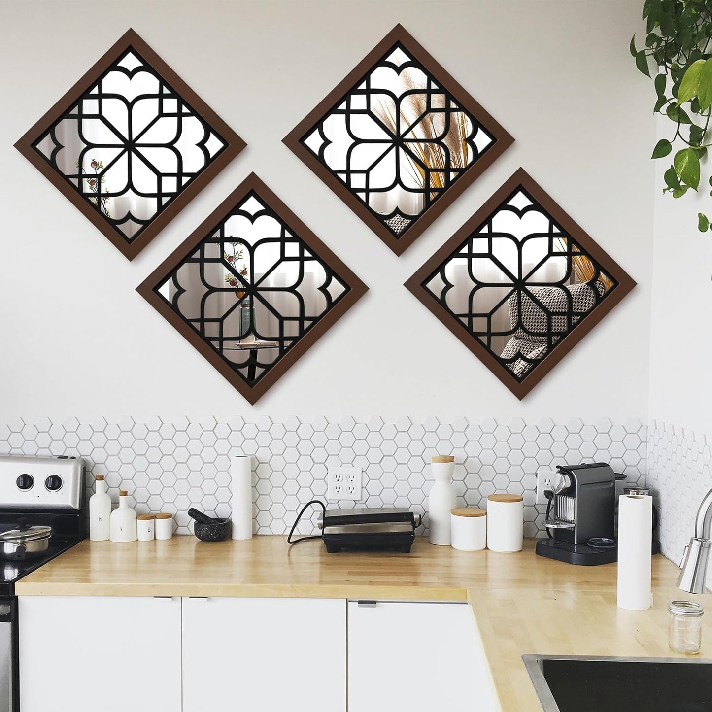 ZEXUIRU 4 Set. Rustic Wall Mirrors for Bedroom Bathroom Living Room Entryway Wood Farmhouse Square Easy to Hang Framed Decorative Accent Hanging Wall-Mounted Mirror Set for Living Room - Black