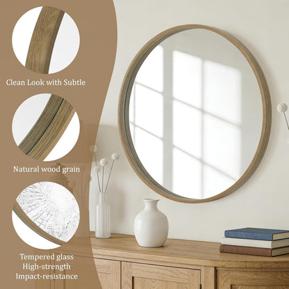 WallBeyond Wood Round Mirror with Wood Frame 24 inch Circle Wall Mirror for Bathroom Round Wall Mirror for Wall Decor, Vanity, Entryway Living Room (Walnut)