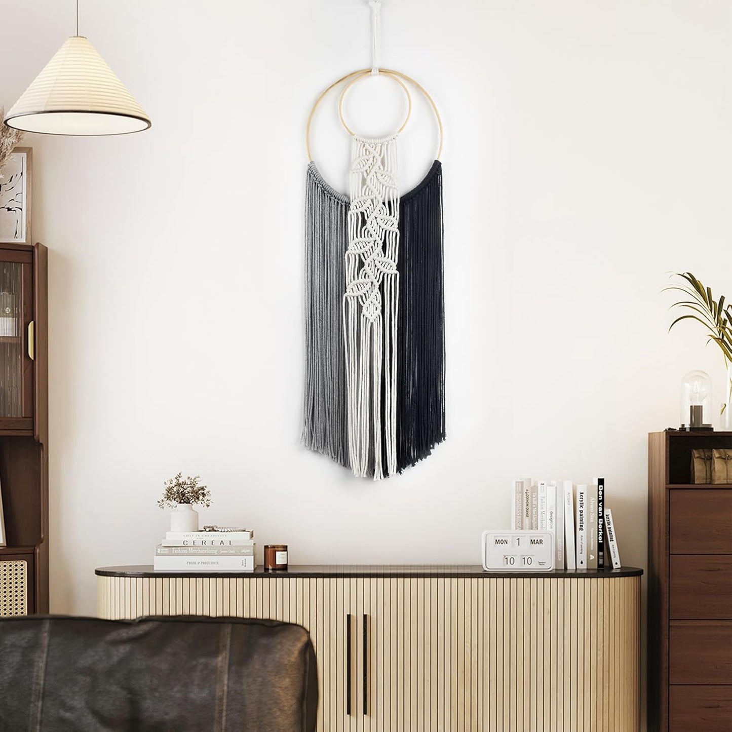 LB Boho Macrame Wall Hanging - Green and Beige Handmade Cotton Woven Decor, Modern Geometric Bohemian Tapestry Wall Decor for Bedroom Living Room Home (31.5"x9.84") Nature-Inspired Room Decor