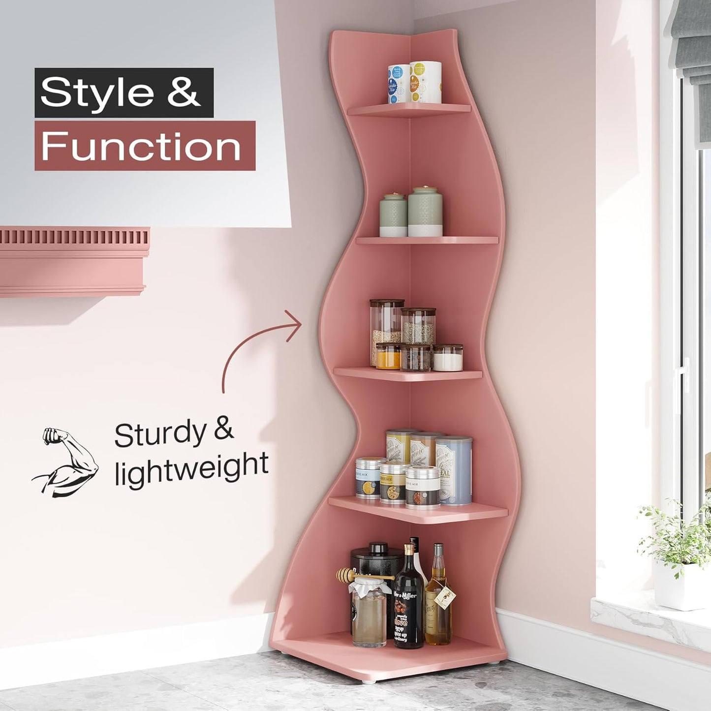 Tribesigns Corner Shelf, Modern 5-Tier Wall Corner Bookshelf, Stylish Corner Small Bookcase Storage Rack Plant Stand with Unique Shape for Living Room, Home Office (White, 1PC)