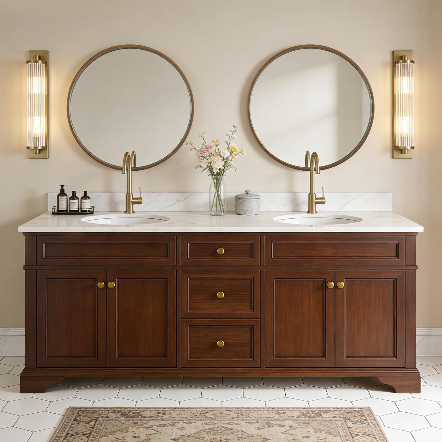 WallBeyond Wood Round Mirror with Wood Frame 24 inch Circle Wall Mirror for Bathroom Round Wall Mirror for Wall Decor, Vanity, Entryway Living Room (Walnut)