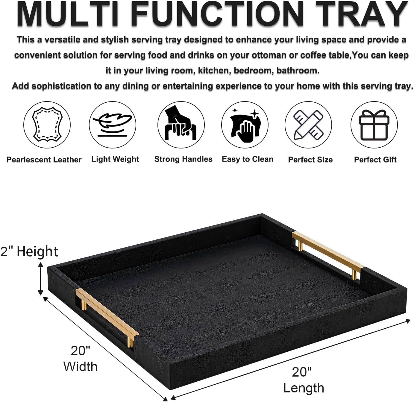 Beige Faux Leather Serving Tray with Handles – Large Decorative Tray for Coffee Table, Ottoman, Living Room, Bathroom – Home Decor