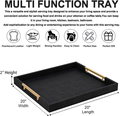 Beige Faux Leather Serving Tray with Handles – Large Decorative Tray for Coffee Table, Ottoman, Living Room, Bathroom – Home Decor