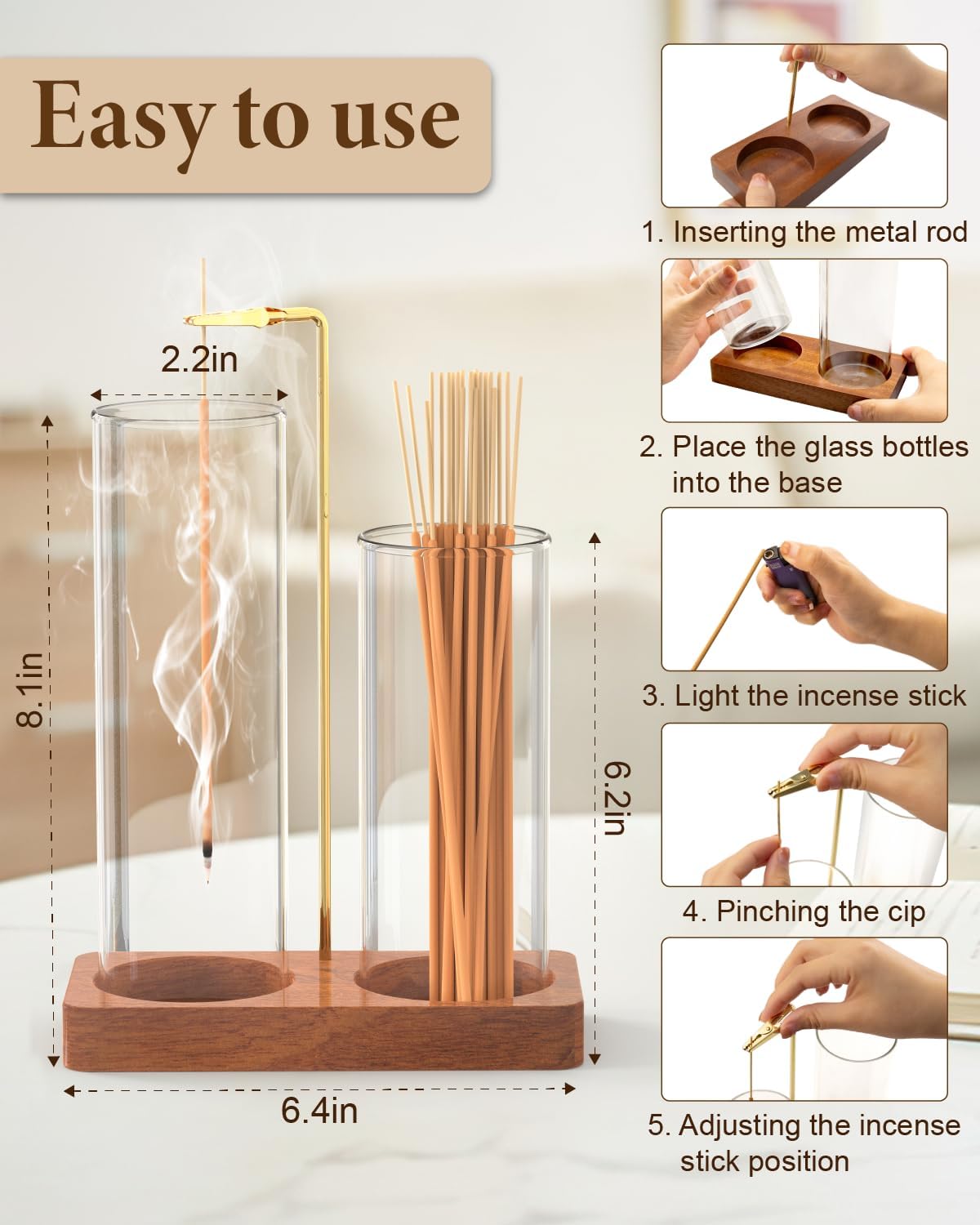 2 in 1 Incense Holder with 7.8" & 5.9" Glass Jars, Large Incense Holder for Sticks, Upside Down Incense Burner with Ash Catcher & Storage for Meditation Yoga Spa Home Decor - 20 Incense Sticks & Brush