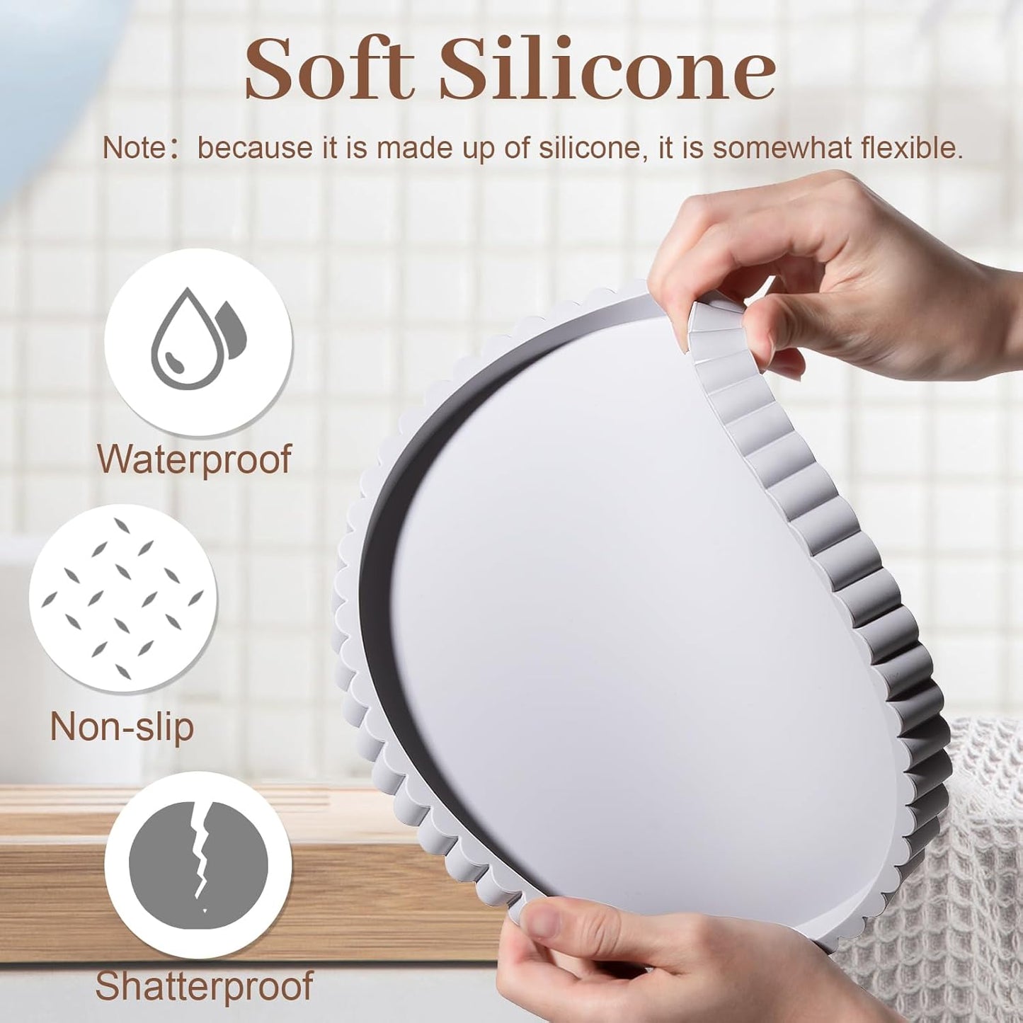 Round Bathroom Tray Silicone Kitchen Counter Decor Vanity Organizer Decorative Coffee Table Tray for Perfume, Candle, Soap Dish, 9 Inch, Black