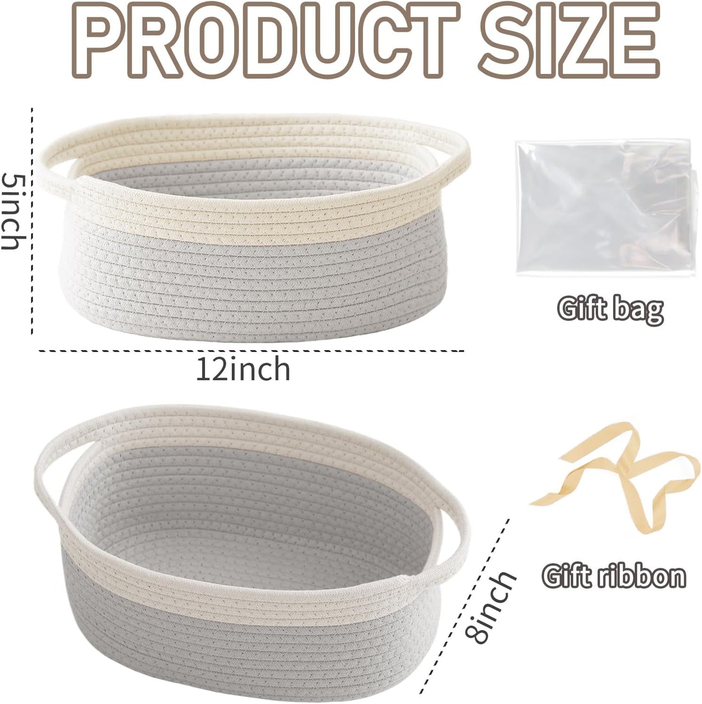 JMvicyroam Woven Basket,Small Rope Storage Bin with Handles & Ribbon Bag, Organizer for Shelves Closets,Gift Basket Empty for Birthday,Books,Dog Toys,White
