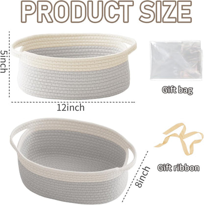 JMvicyroam Woven Basket,Small Rope Storage Bin with Handles & Ribbon Bag, Organizer for Shelves Closets,Gift Basket Empty for Birthday,Books,Dog Toys,White