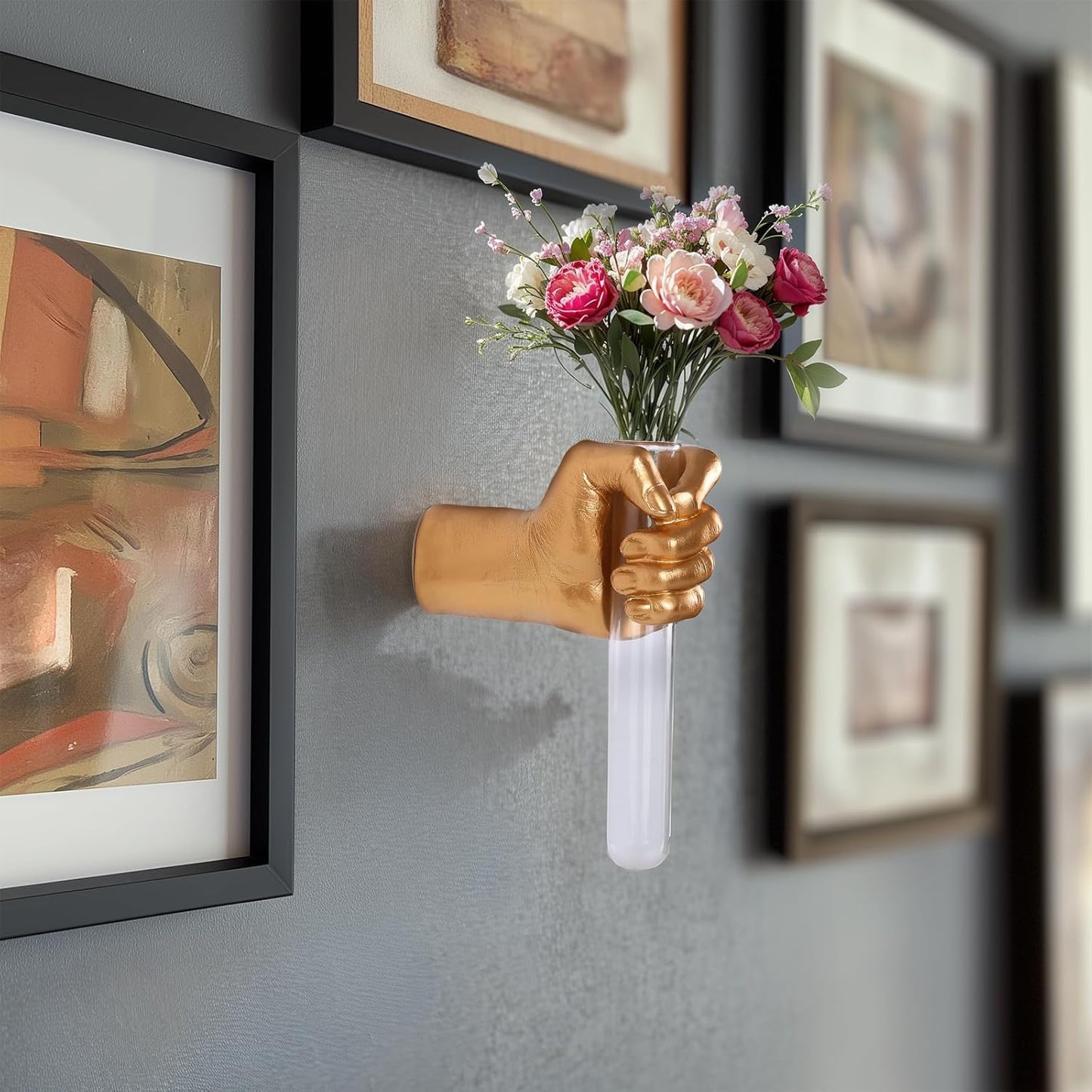 Gold Wall Sculptures, Hand Vases Home Decor, Wall Mount Art Sculpture, Unique Wall Art Statue, Funky Flower Vase Decorations, Modern Eclectic Hanging Decor,Glass Test Tube Vase
