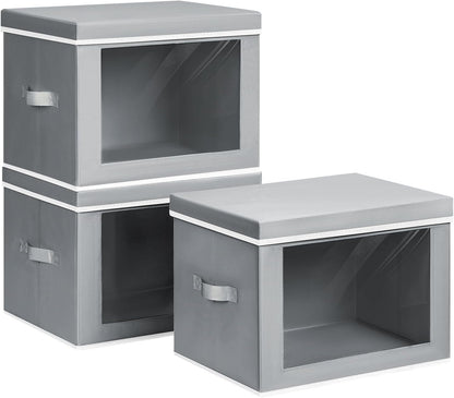 Homsorout Storage Bins with Lids - Fabric Closet Storage Bins with Window, Collapsible Baskets for Shelves 4 Pack, Home Decorative Boxes for Clothes, Closet, Office, Grey