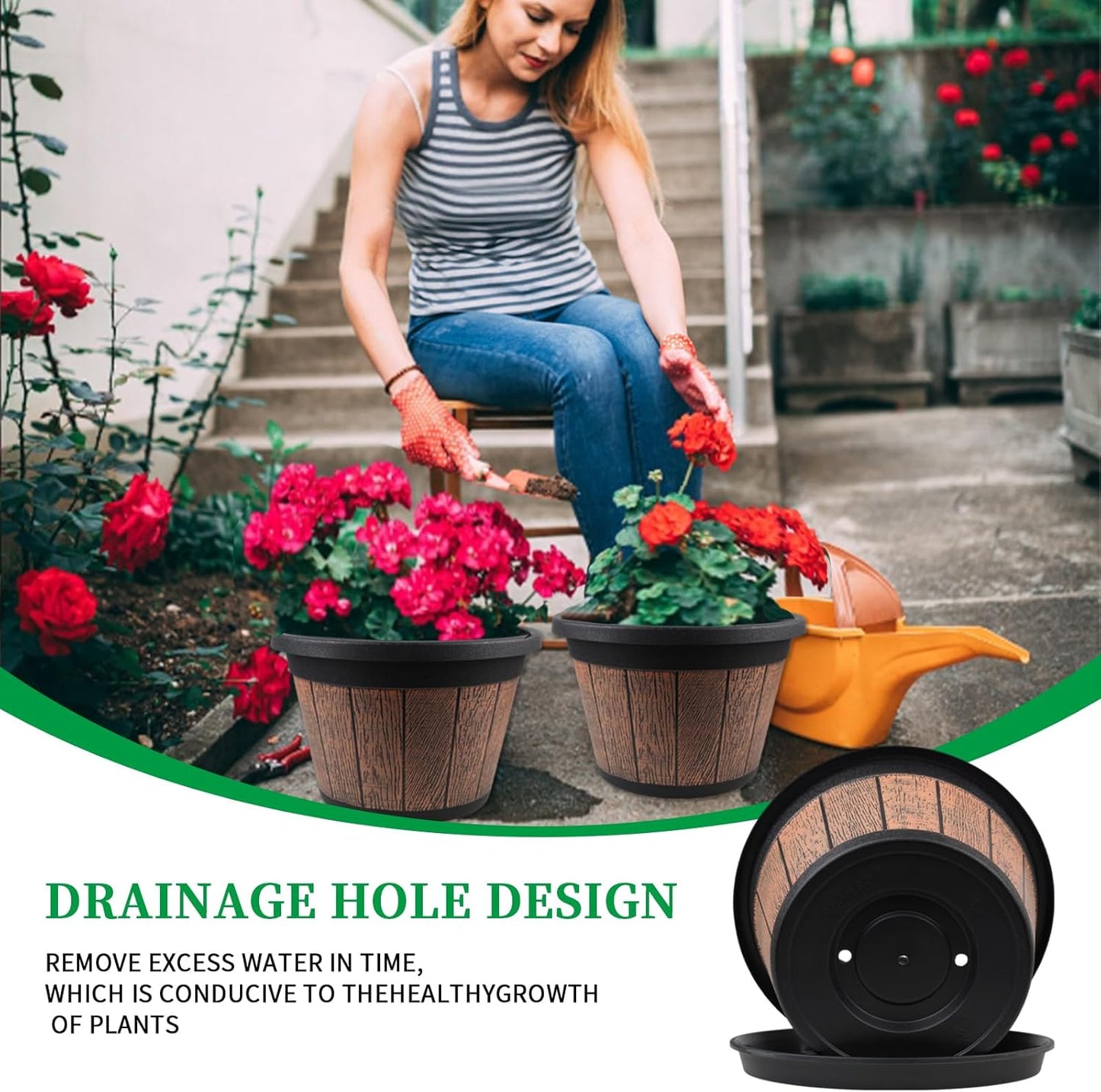 Quarut 4 Pack 10 inch Plant Pots,Upgrade Whiskey Barrel Planters with Drainage Holes & Saucer,Plastic Decoration Flower Pots Retro Design,Planters for Outdoor Indoor Garden Home Plants (Brown)