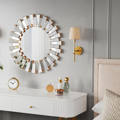 Gold Sunburst Mirror, 26" Sun Mirror Wall Decor with Beveled Glass Frame, Starburst Mirrors for Entryway, Dining Room, Living Room