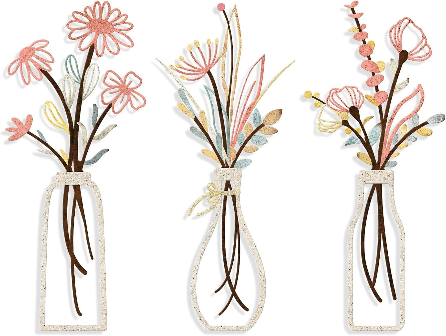 Pigort 3 Pieces Metal Flowers Wall Art- Rustic Farmhouse Decor Minimalist Decor for Living Room Bathroom Bedroom Dining Room, Housewarming Gifts Christmas Decoration(Beige, Vase-C)