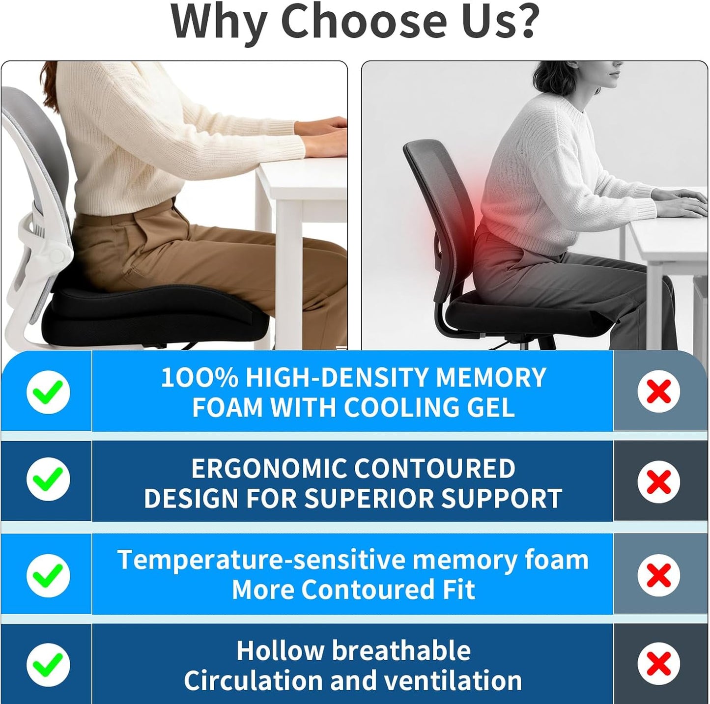 Seat Cushions for Office Chairs Wheelchair Cushion for Long Sitting Back Pain，Memory Foam Seat Car Computer Desk Chair Cushion，Coccyx Cushion for Tailbone Pain Relief Cushion Office Chair Black