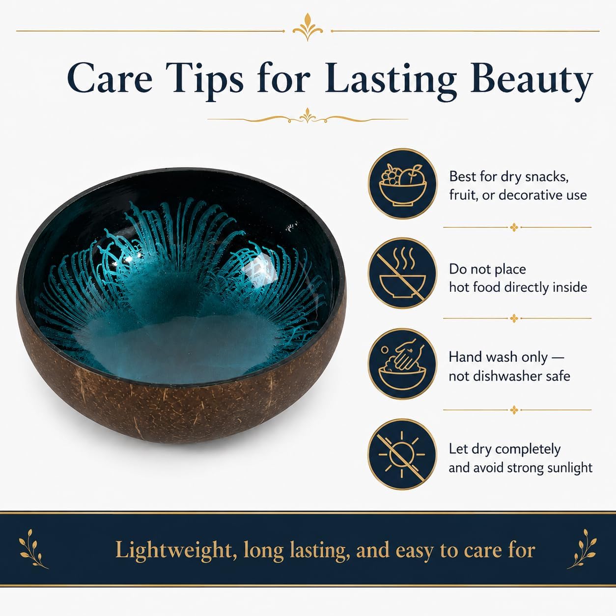 ChezMax Natural Coconut Bowl with Mother of Pearl Inlays - Key Bowl & Fruit Snack Holder (Blue-Gold)