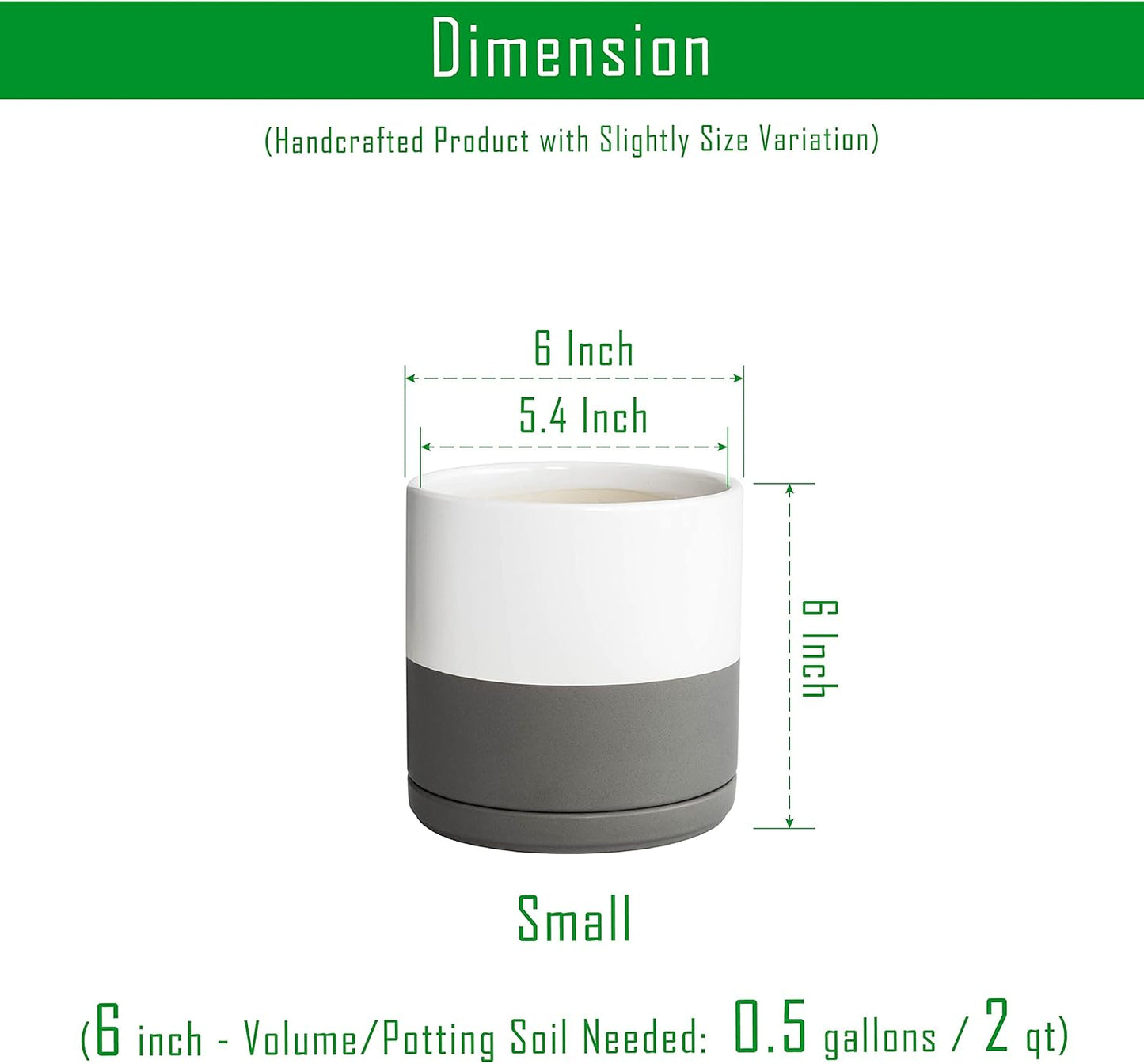 D'vine Dev Set of 2 Plants Pots, 6.5 Inch Ceramic Planter Pot for Plants with Drainage Hole and Saucer, White, 94-V-C-1