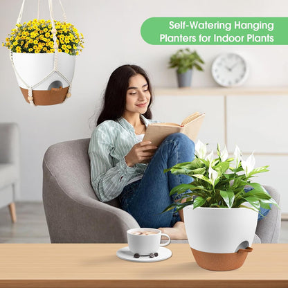 Vanslogreen Hanging Planters for Indoor Outdoor Plants, 2 Pack Self Watering Hanging Pot with Drainage Holes & Removable Tray (Black, 8'')