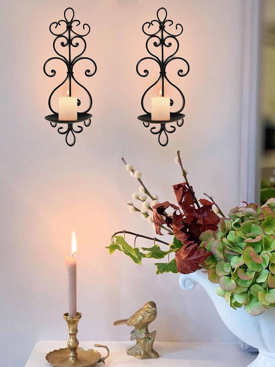 Metal Wall Candle Sconce Holder Set of 2 Hanging Wall Mounted Candle Sconces Holder, Wall Sconces Decor for Bedroom Dining Room, Black 10inch×6inch