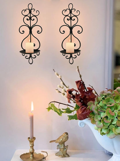 Metal Wall Candle Sconce Holder Set of 2 Hanging Wall Mounted Candle Sconces Holder, Wall Sconces Decor for Bedroom Dining Room, Black 10inch×6inch