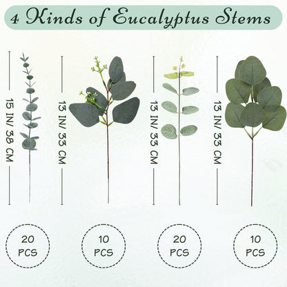 Eucalyptus Stems Bulk 30 Pcs, 4 Kinds Mixed Artificial Silver Dollar Eucalyptus Leaves Bundle Faux Greenery Branches for Wedding Vase Bouquet Floral Arrangement Centerpiece Home Decor