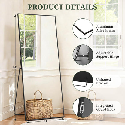 Mirror Full Length 64"x21" Full Body Floor Mirror with Stand, Shatterproof Glass, Aluminum Alloy Frame, Free Standing Wall Mounted or Leaning Arched Mirrors for Bedroom Living Room Entryway