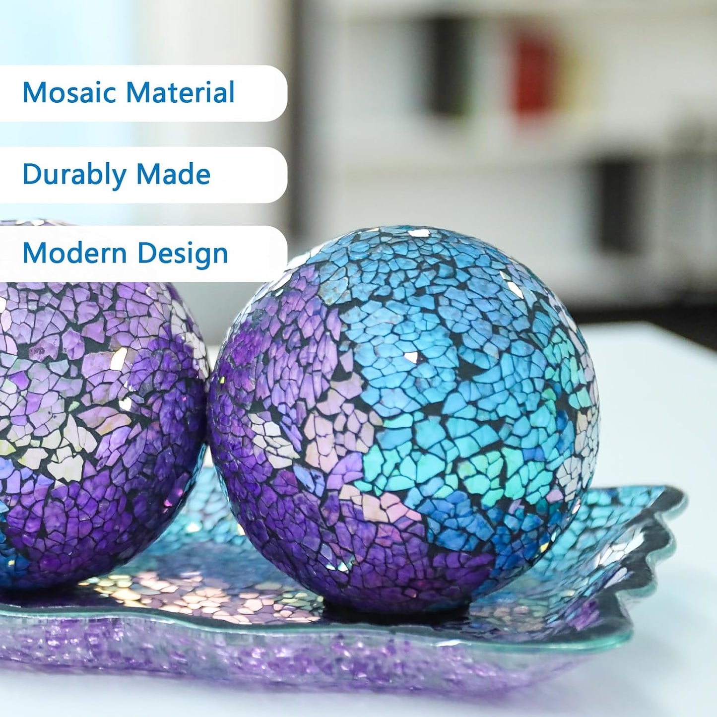 VCUTEKA Decorative Balls and Glass Bowl, 4 Inch Mosaic Sphere Balls Centerpiece Balls for Coffee Table, Home Decor, Wedding Party Decor, Green