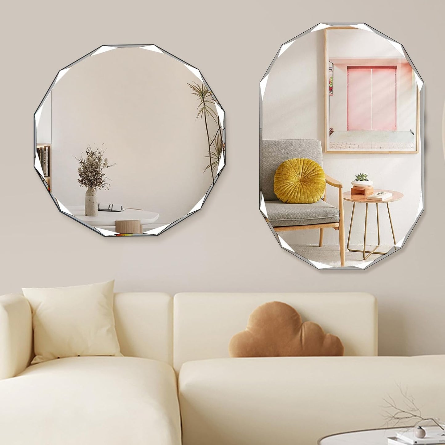 QDSSDECO Round Mirror Sunburst Wall Mirror 24" Beveled Edge Frameless for Living Room Bathroom Bedroom Entryway Decor