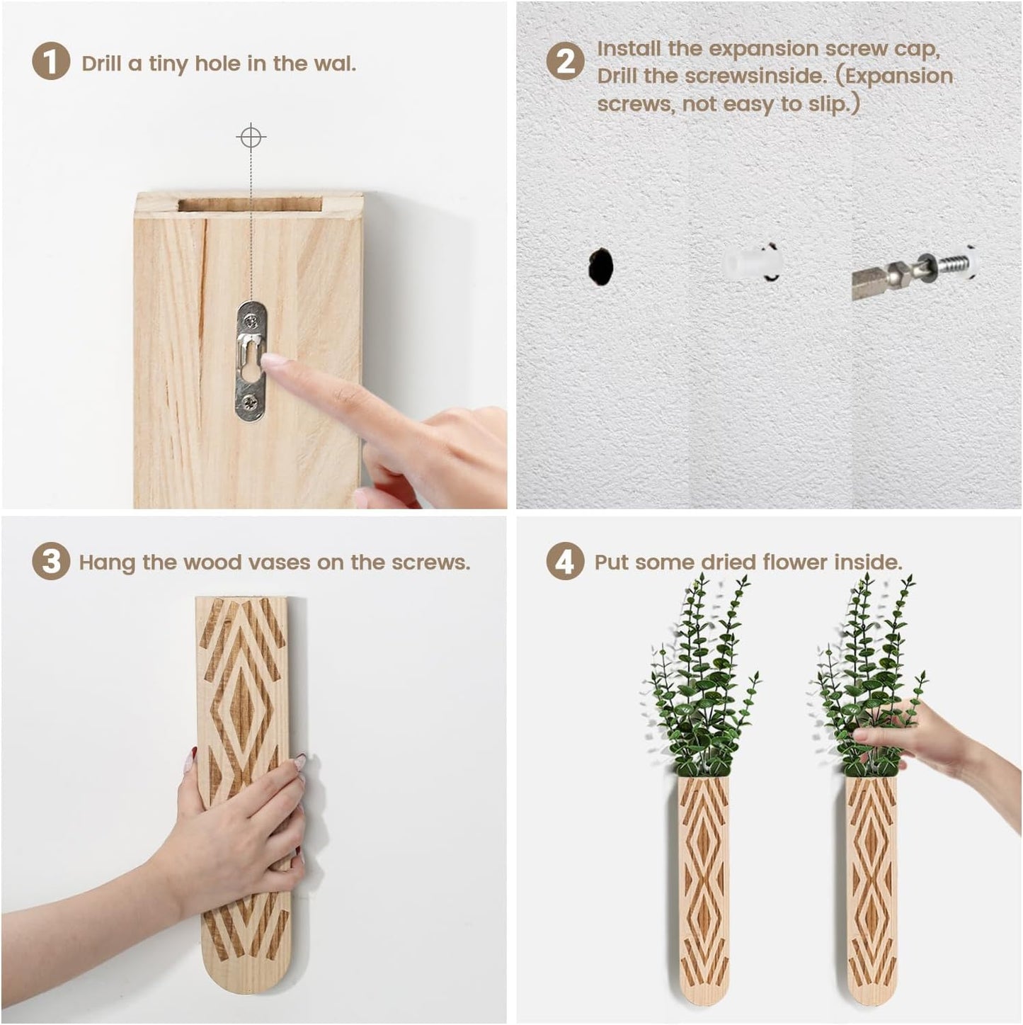 Wooden Wall Planter Set of 4 - Modern Home Decor for Living Room, Bedroom, Bathroom - Walnut Finish Planter for Dried Flowers, Faux Greenery, Indoor Plants