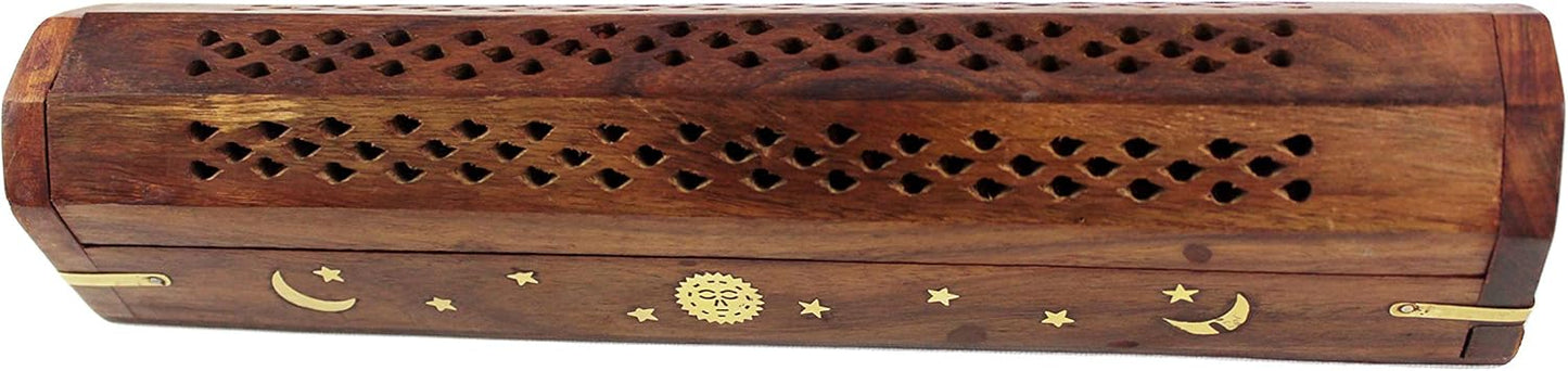 Sheesham Wood Incense Burner - Handmade Coffin Style Sun and Moon Inlay Incense Holder - Aromatherapy Room Freshener Cone Incense Stick Burner Ash Catcher - Zen Home Gift - 12x2x2 - COTTON CRAFT