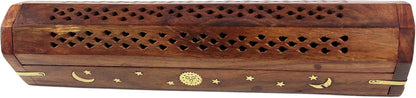 Sheesham Wood Incense Burner - Handmade Coffin Style Sun and Moon Inlay Incense Holder - Aromatherapy Room Freshener Cone Incense Stick Burner Ash Catcher - Zen Home Gift - 12x2x2 - COTTON CRAFT