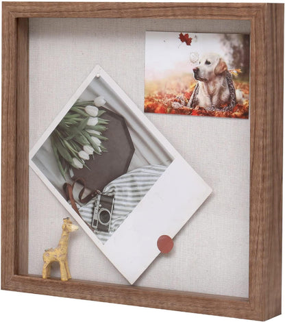 Muzilife 8x8 Shadow Box Picture Frame with Linen Board - Deep Wood & Glass Display Case Ready to Hang Memory Box Baby Sports Memorabilia, Pins, Awards, Medals, Wedding, Tickets and Photos (Black)