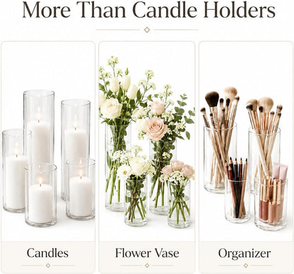 Set of 6 White Pillar Candles with Clear Glass Hurricane Holders- Elegant Cylinder Candle Vases for Weddings, Parties, Centerpieces, Home & Office Decor (White, 6 Set)