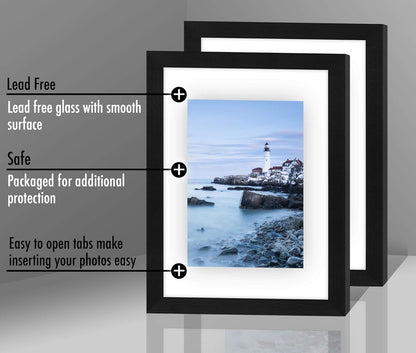 Americanflat 8.5x11 Floating Picture Frame with Polished Crystal-Clear Glass - Set of 2 - Use as 5x7 Frame or Display 4x6 Photo - Signature Float Collection - Photo Frames for Wall Display - Black