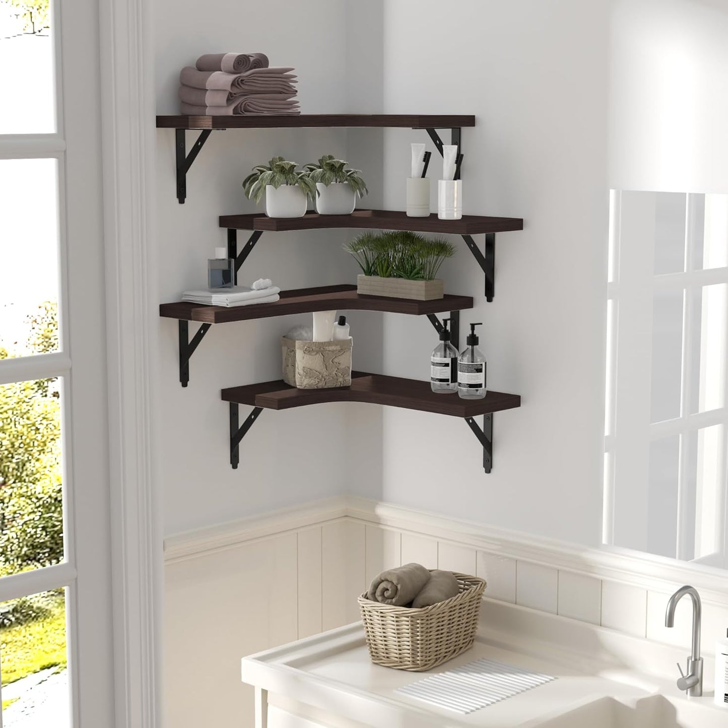 ROMGUAR CRAFT Corner Floating Shelves Wall Mounted Set of 4, Rustic Wood Storage Display Shelves for Home Decor, Bathroom, Kitchen, Bedroom, Living Room, Office (Black)