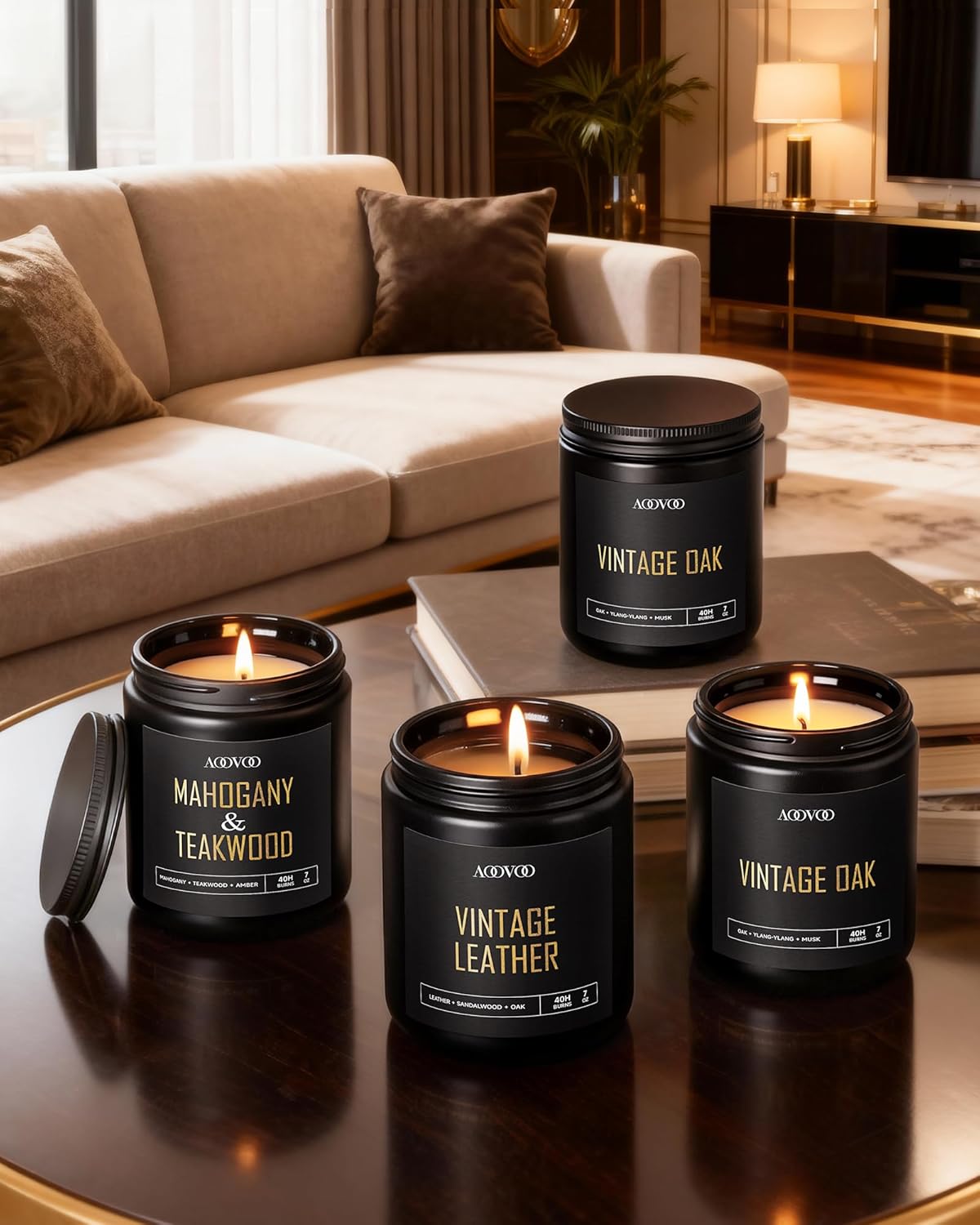AOOVOO Scented Candles for Men - 4 Pack Candles for Home Scented, 36oz Soy Wax, 200 Hour Burn Time, Men Candle Set, Sandalwood Oud/Mahogany Teakwood/Smoke Vanilla/Jasmine Candle Set A
