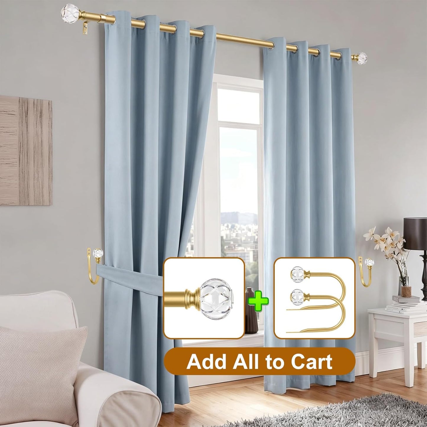 KAMANINA Curtain Holdbacks 2pcs, Gold Curtain Tiebacks, Window Curtains Hooks for Wall, Decorative Holders for Drapes with Crystal Finials(5.4" L × 4.1" W)