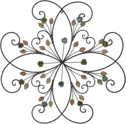 KUWIVO Lechesis 24" Metal Flower Scroll Wall Art Decor Sculptures with Rust Leaf for Living Room Bedroom