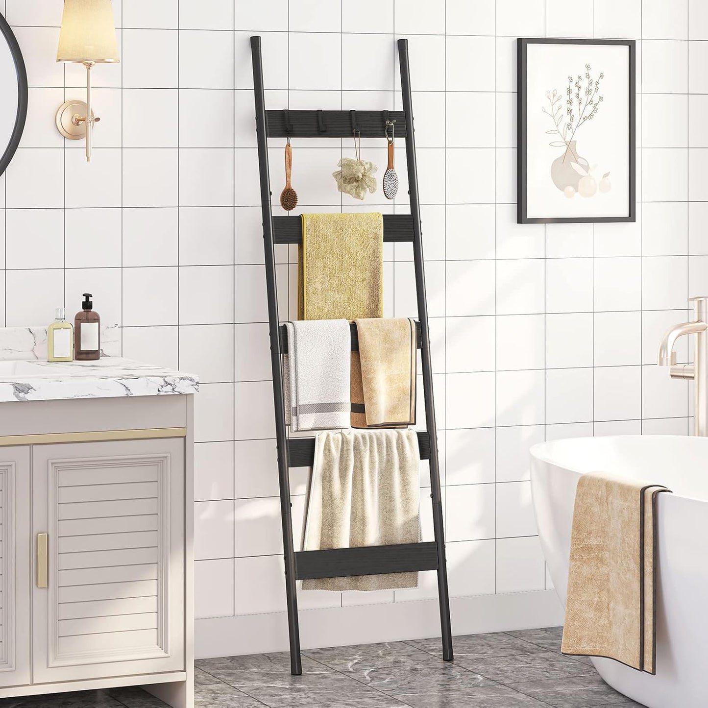 HOOBRO Blanket Ladder, 5-Tier Towel Rack with Hooks, Wall-Leaning Blanket Rack, Decorative Display Ladder Shelf, for Scarves, Industrial, Living Room, Bedroom, Rustic Brown and Black BF52CJ01