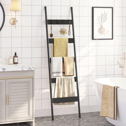 HOOBRO Blanket Ladder, 5-Tier Towel Rack with Hooks, Wall-Leaning Blanket Rack, Decorative Display Ladder Shelf, for Scarves, Industrial, Living Room, Bedroom, Rustic Brown and Black BF52CJ01