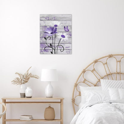 HVEST Farmhouse Floral Wall Art for Living Room, Blue and White Daisy Flower and Butterfly on Rustic Wood Board Canvas Wall Art Framed Artwork Ready to Hang for Bathroom Bedroom Decor, 16L X 12W