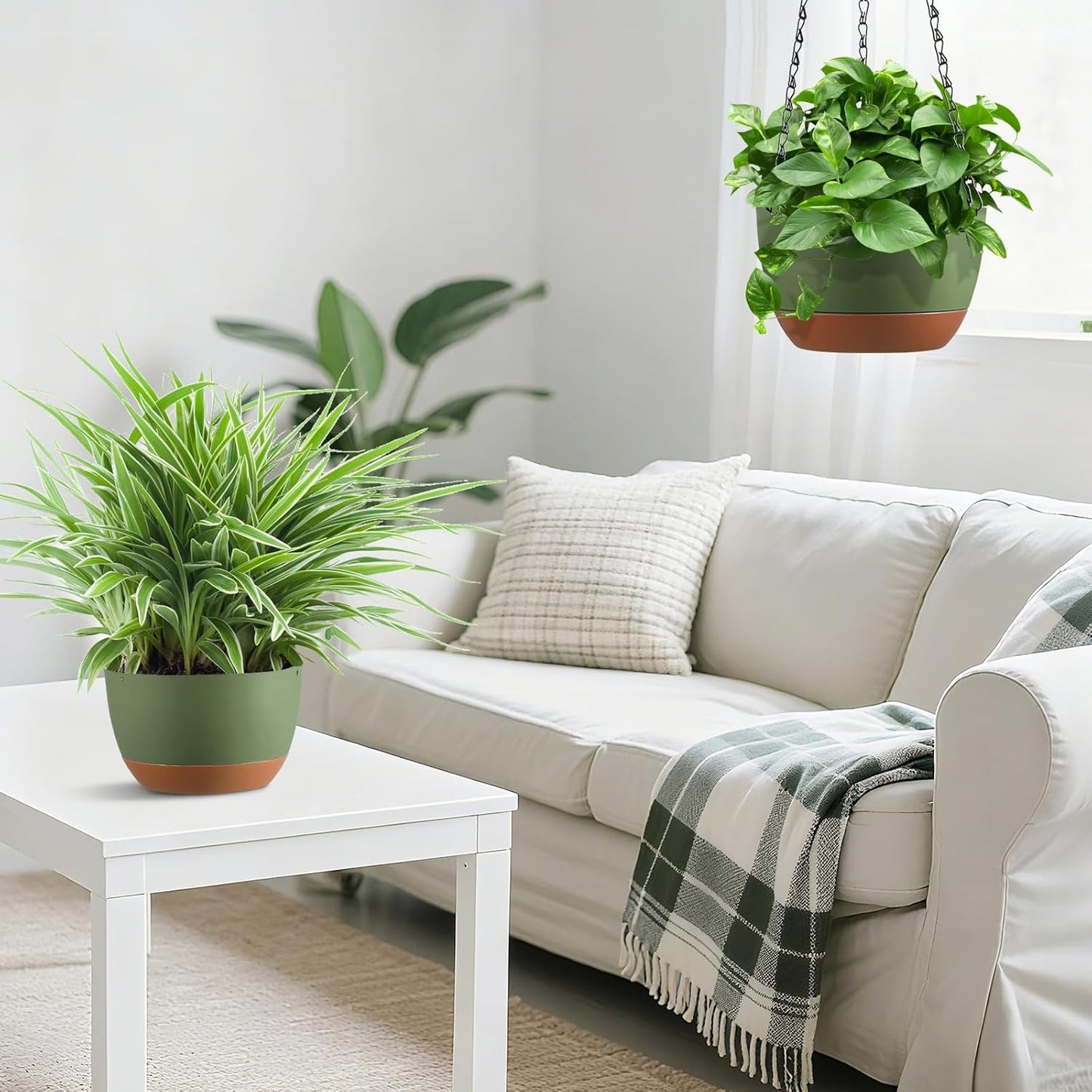 Set of 2 Hanging Planters for Indoor Outdoor Plants, 8 Inch Self-Watering Hanging Flower Pots with Drainage Hole & Removable Water-Storage Tray (Hooks)