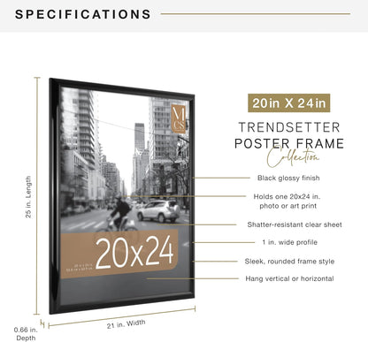 MCS Trendsetter 24x36 Poster Frame Black High-Gloss, Vertical & Horizontal Wall Hanging Large Picture Frame for Photos, Posters & Art Prints (1-Pack)