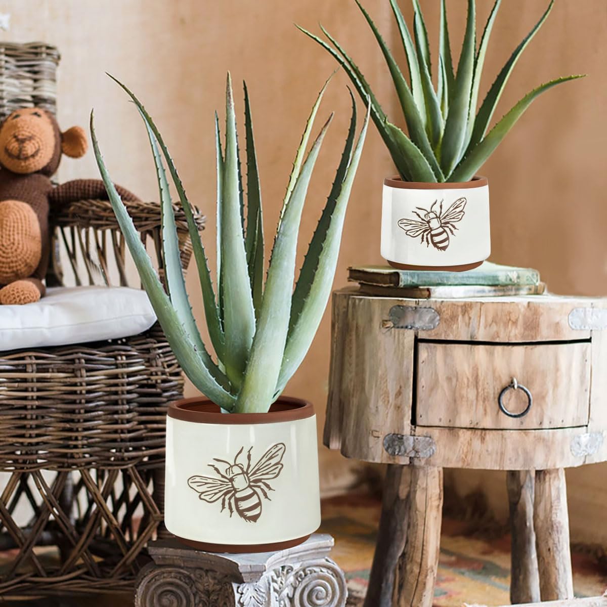YBX 8 Inch + 6 Inch Ceramic Plant Pots, Succulent Flower Pots with Drainage Holes, Terracotta Planters for Indoor Plants, White&Terracotta (Garden)