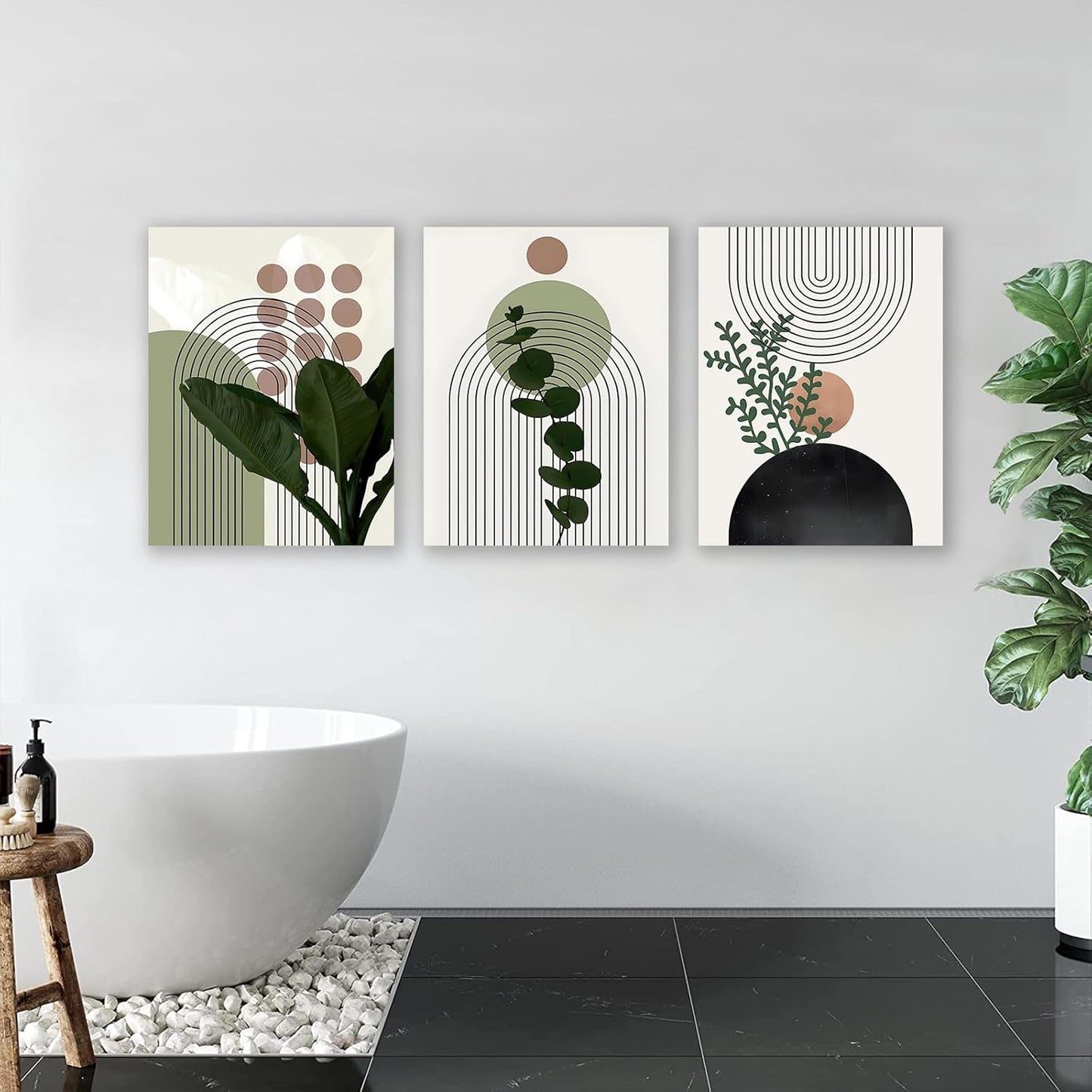 Sage Green Boho Wall Art Set of 3, Minimalist Framed Wall Art Geometric Line Leaf Sun Moon Beige Green Canvas Artwork Paintings, Abstract Botanical Boho Room Decor, Office, 12"x16"