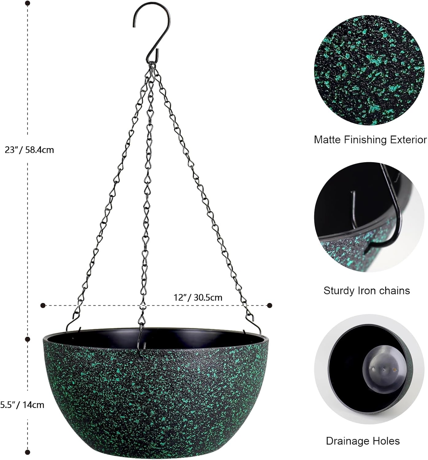 Meowell 10 inch Hanging Planters for Indoor Outdoor Plants, 2 Pack Hanging Flower Pots with Drainage Holes and Chain for Garden Porch, Plastic Hanging Baskets for House Plants, Speckled Grey