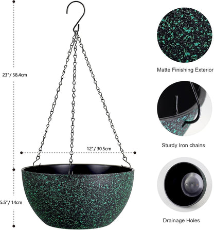 Meowell 10 inch Hanging Planters for Indoor Outdoor Plants, 2 Pack Hanging Flower Pots with Drainage Holes and Chain for Garden Porch, Plastic Hanging Baskets for House Plants, Speckled Grey