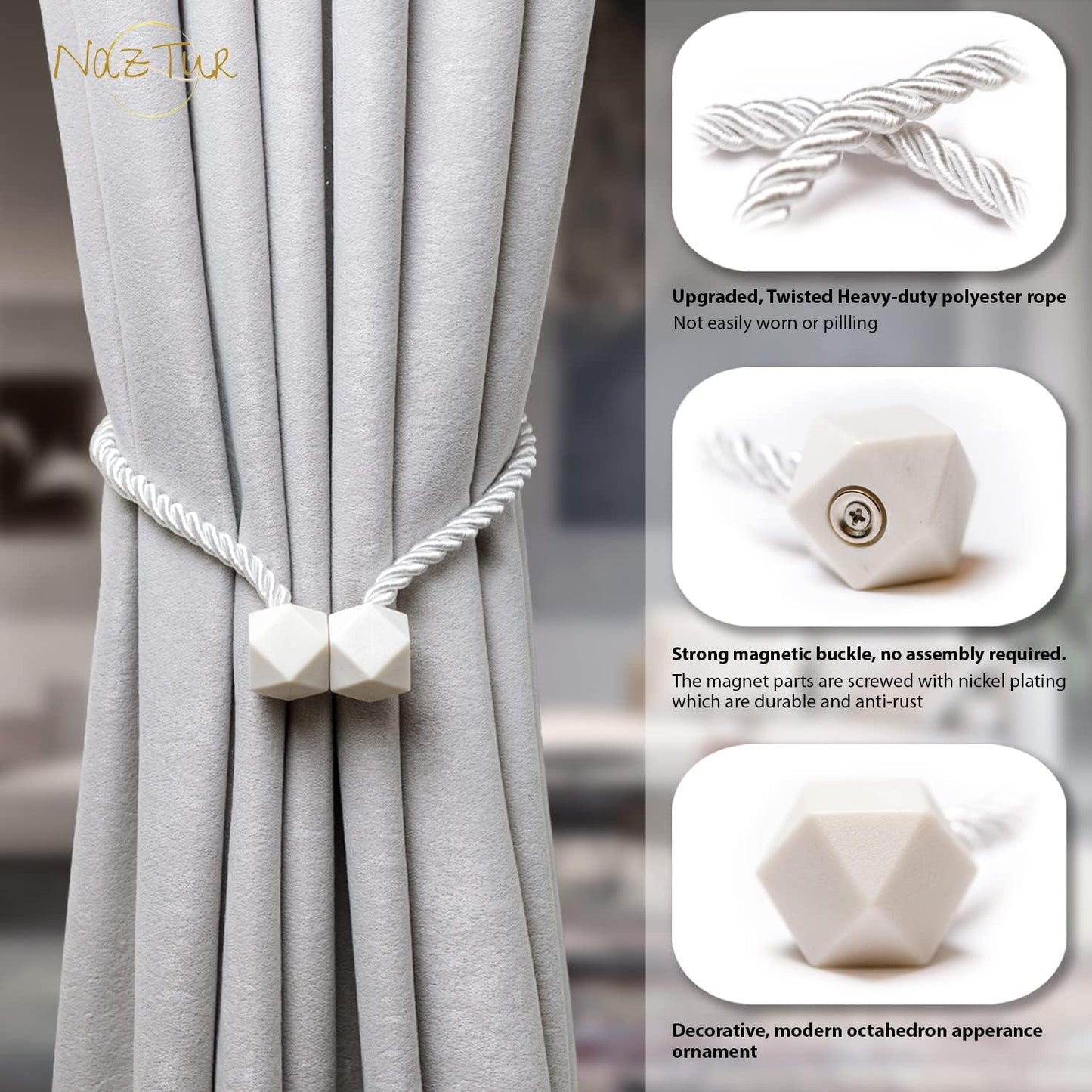 NazTur Magnetic Curtain Tiebacks- Upgrade 2022 with a Thicker Twist Rope & Strong Magnet Tieback Window Treatment Holdbacks Draperies Holders Decorative Drape Handmade Tie Back (Black, 2)