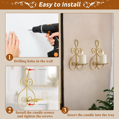 Wall Candle Sconces Set of 2, Double Scroll Pattern Candle Sconces, Metal Wall Candle Holder for Home Decor, Living Room, Dining Room, Bedroom, Black, Gifts for Men Women Mom or Dad