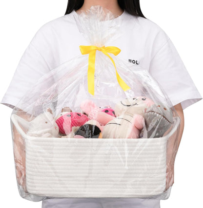 OIAHOMY Woven Basket, Gift Basket Empty with Gift Bags and Ribbons, Rope Baskets for Baby Showers, Storage Baskets with Handles for Nursery, Pet Toy Organizer - White