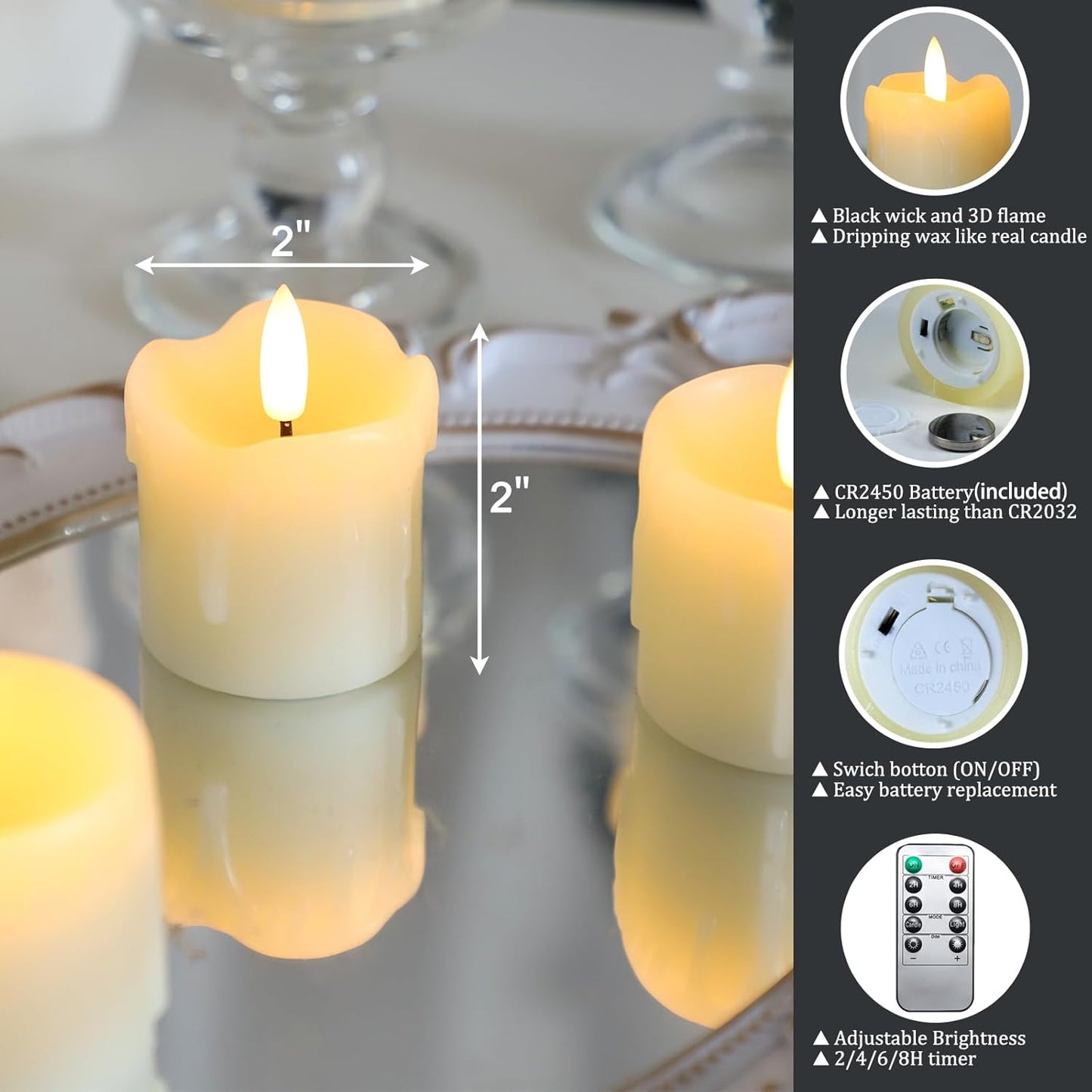 Lezonic Flameless Votive Candles Battery Operated with Remote and Timer, Pack of 6 (D:2" X H:3") LED Ivory White Long Lasting Flickering Wax Candles with Realistic 3D Flame