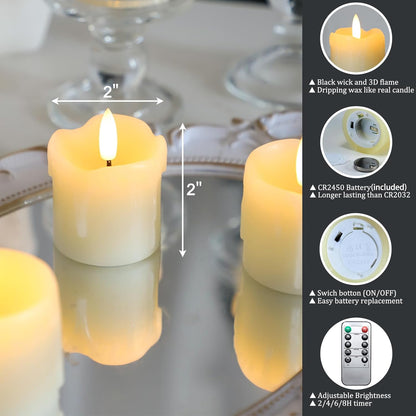 Lezonic Flameless Votive Candles Battery Operated with Remote and Timer, Pack of 6 (D:2" X H:3") LED Ivory White Long Lasting Flickering Wax Candles with Realistic 3D Flame